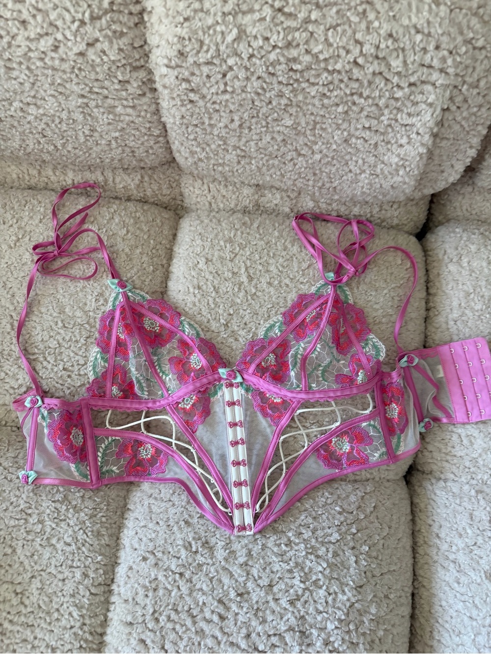 For Love And Lemons Pink Floral Sheer Embroidered Bralette